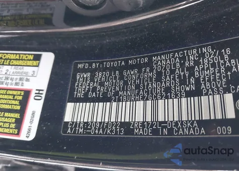 2016 Toyota Corolla S Plus z USA, uszkodzony, nr VIN 2T1BURHE7GC621639